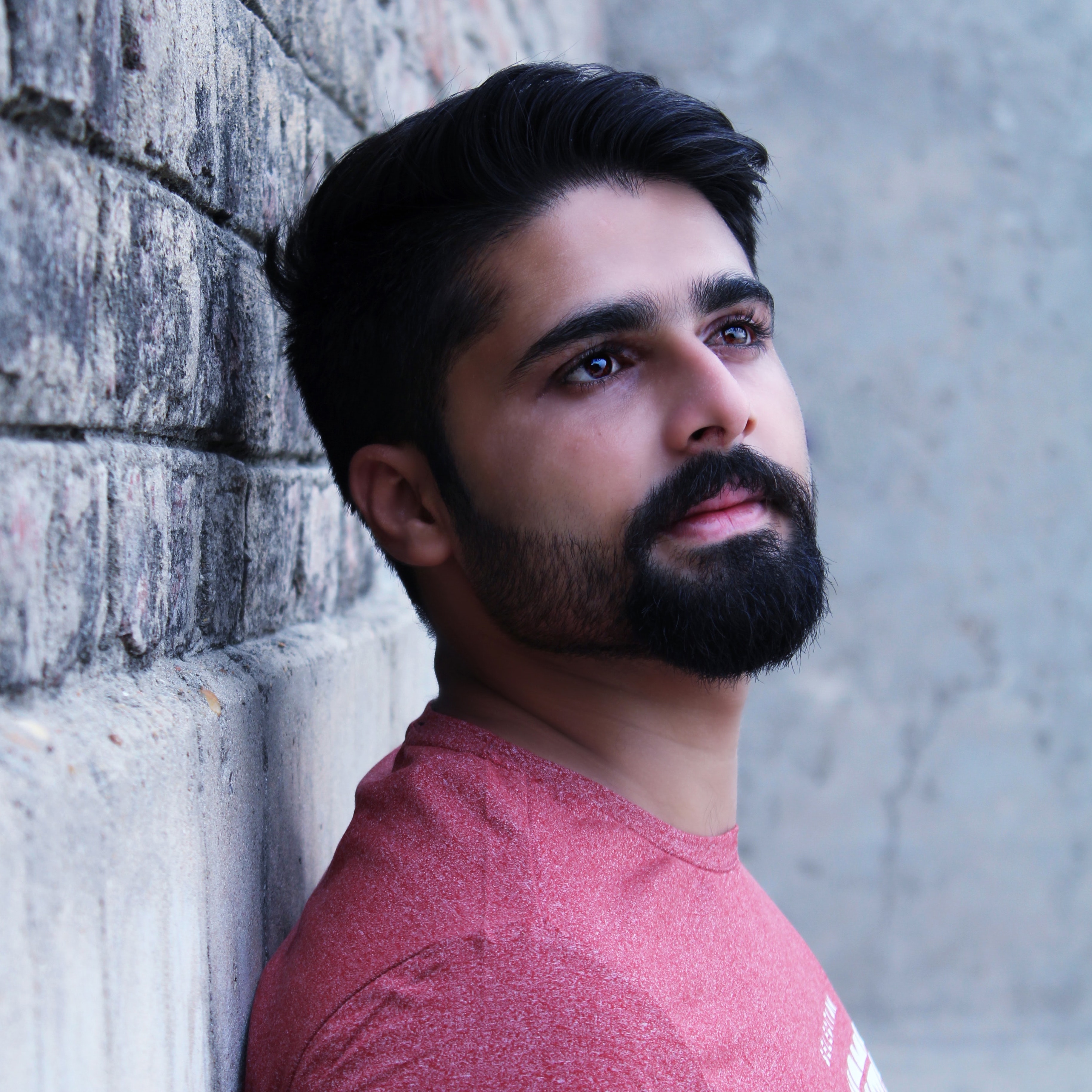 Man with neatly trimmed beard gazing up